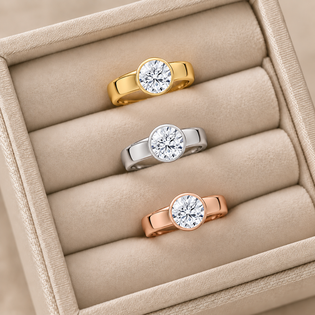 4mm Cigar band Bezel set Solitaire Ring in Yellow Gold