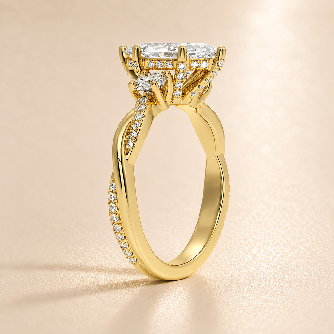 Twisted Vine Band Three Stone Ring in Yellow Gold