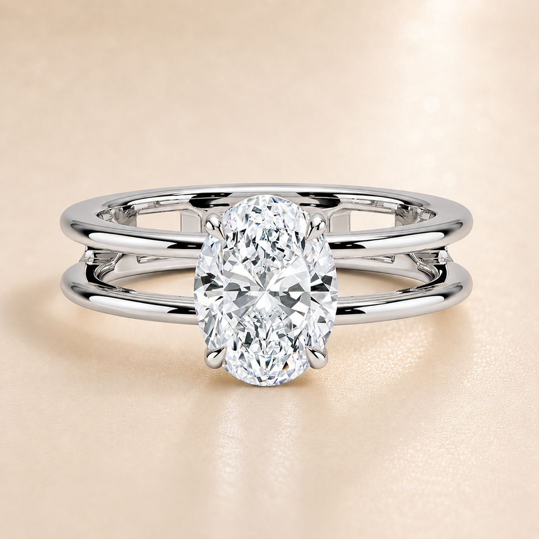 Open Double Band Solitaire Ring in White Gold