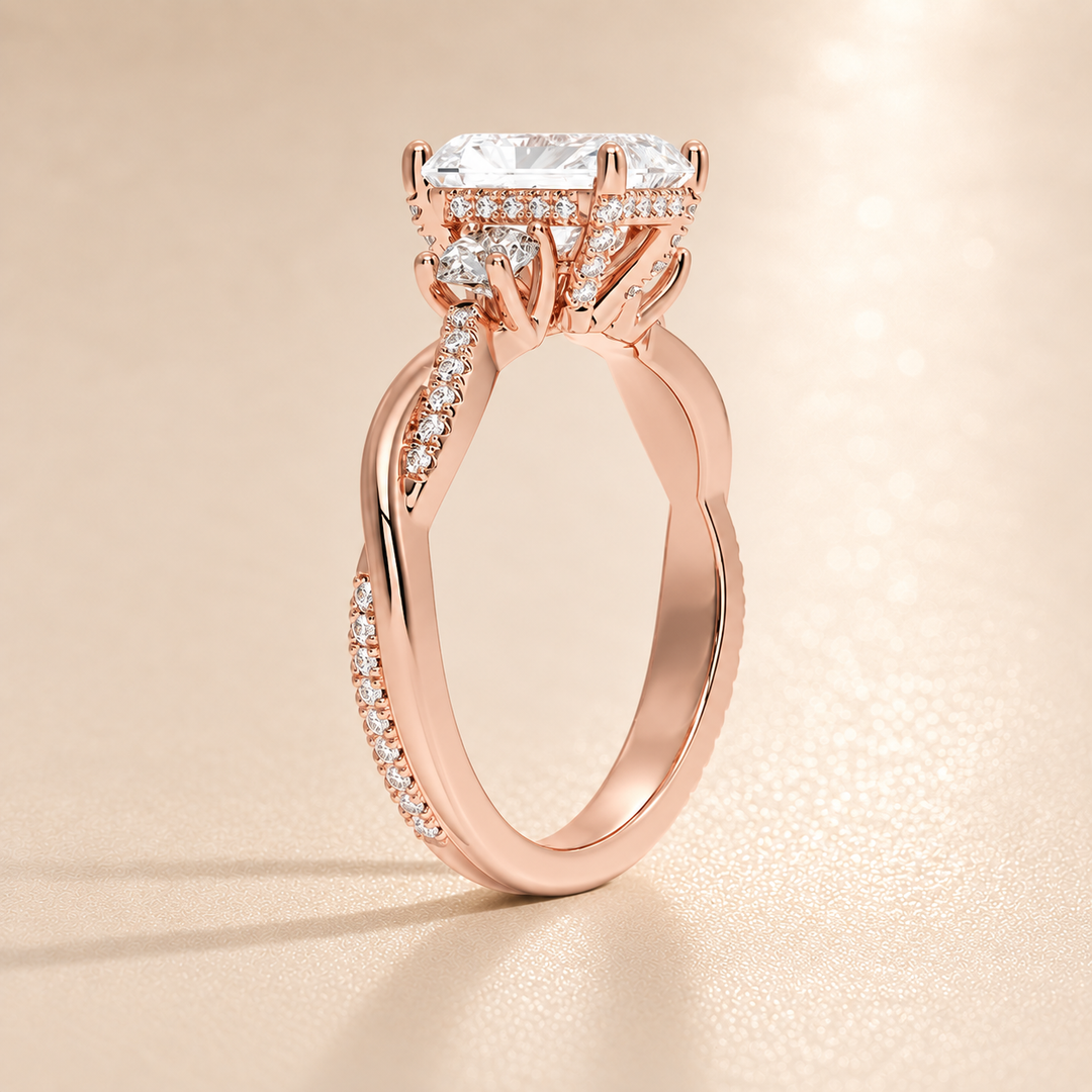 Twisted Vine Band Three Stone Ring in Rose Gold