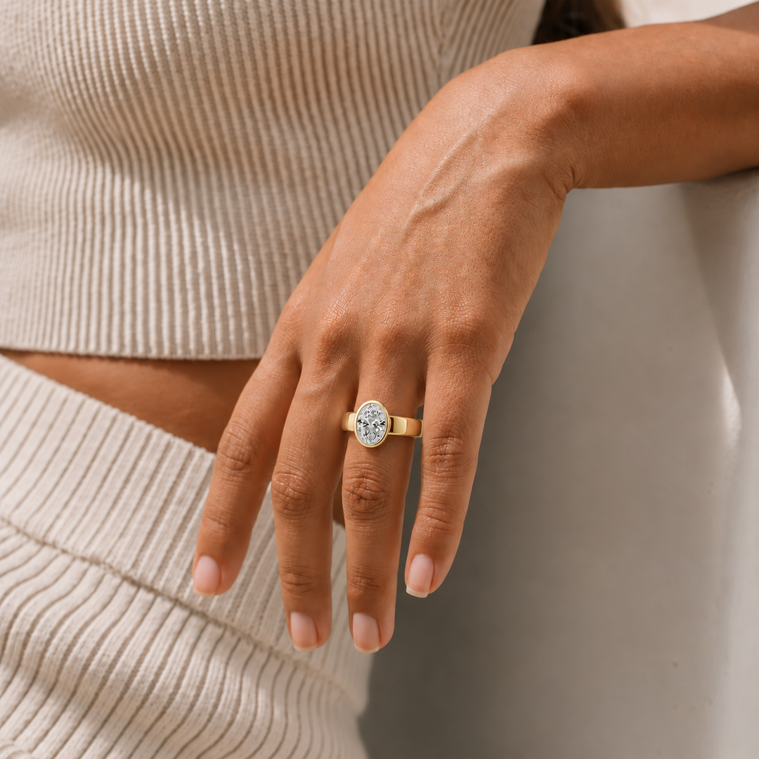 4mm Cigar band Bezel set Solitaire Ring in Yellow Gold