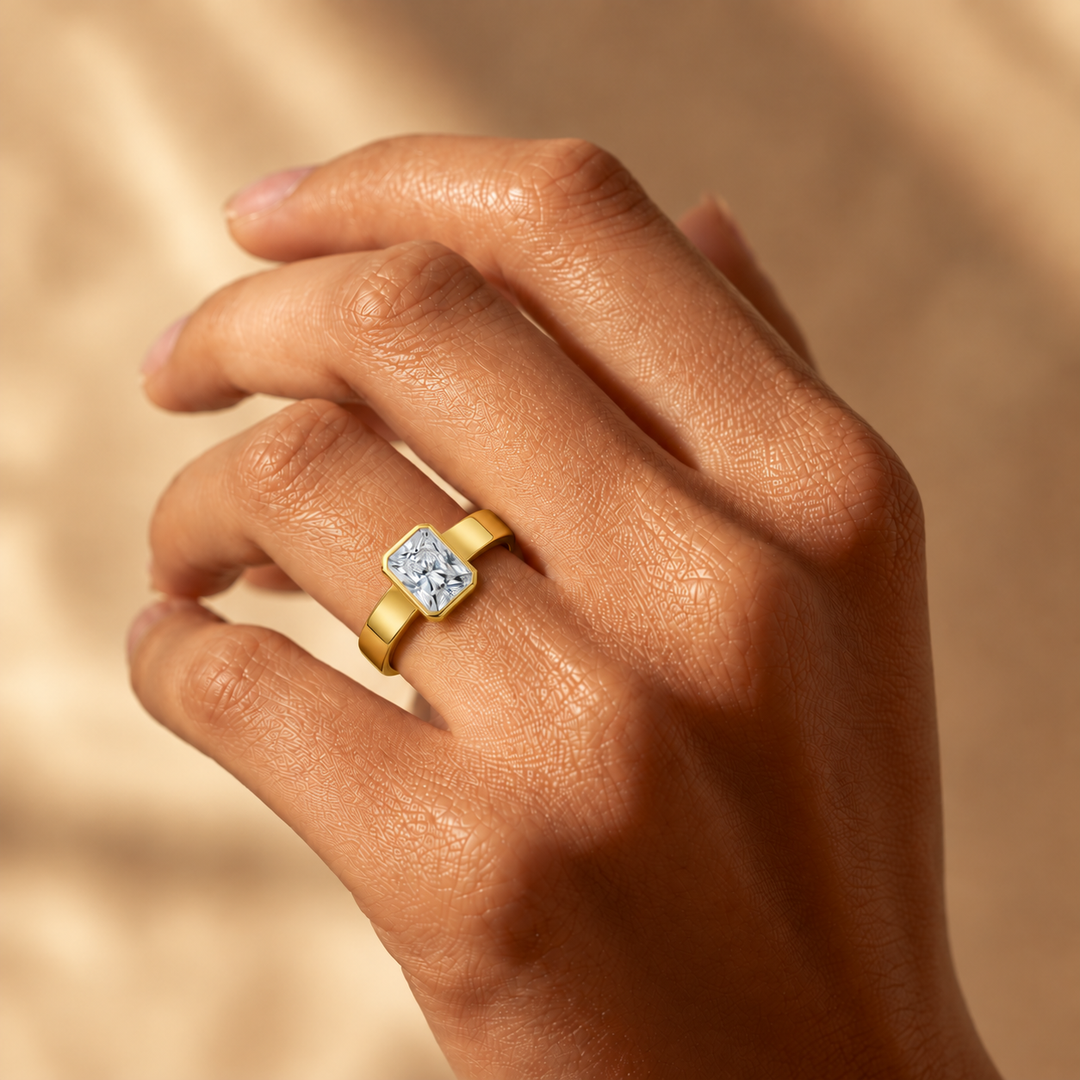 4mm Cigar band Bezel set Solitaire Ring in Yellow Gold