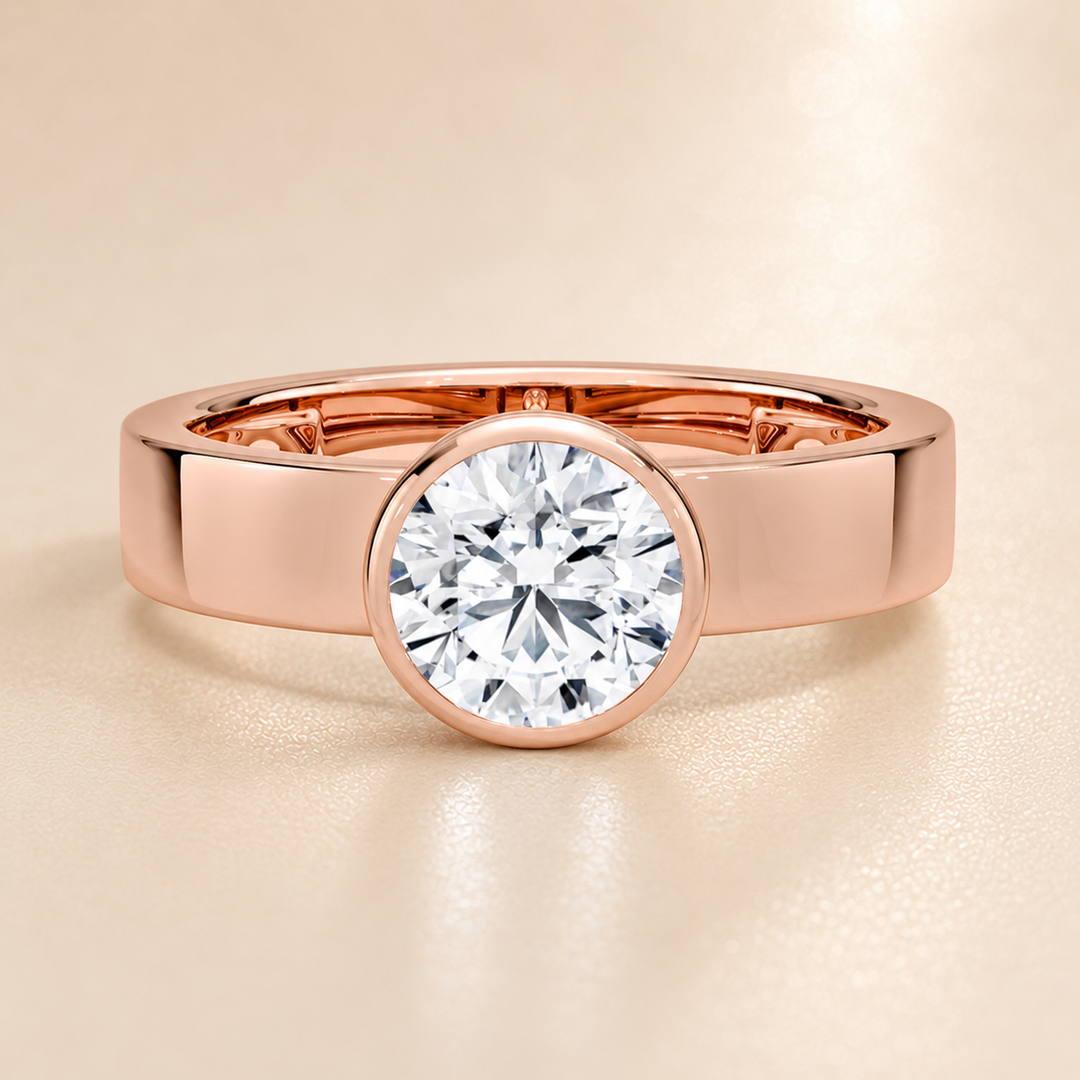 4mm Cigar band Bezel set Solitaire Ring in Rose Gold