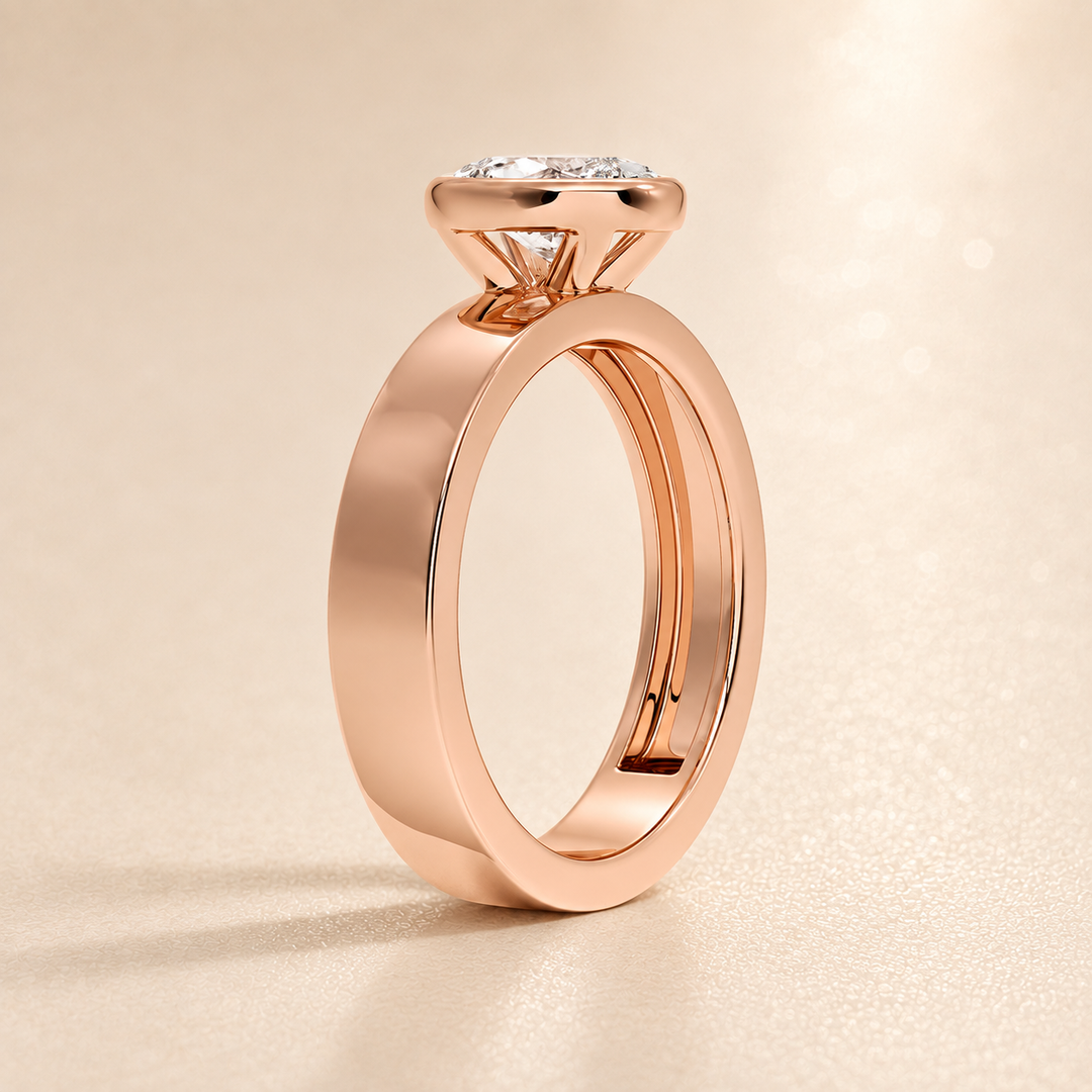 4mm Cigar band Bezel set Solitaire Ring in Rose Gold