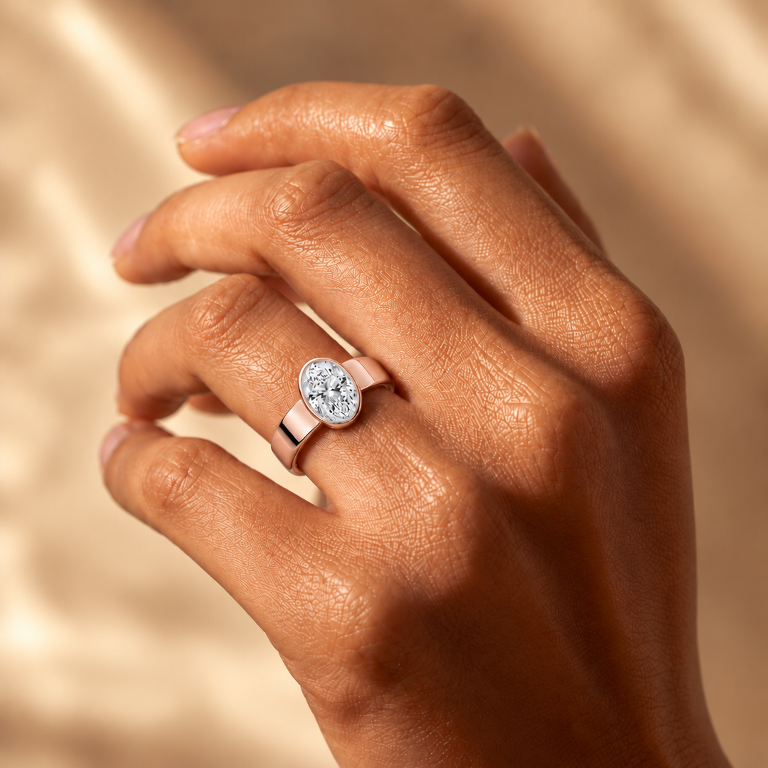 4mm Cigar band Bezel set Solitaire Ring in Rose Gold