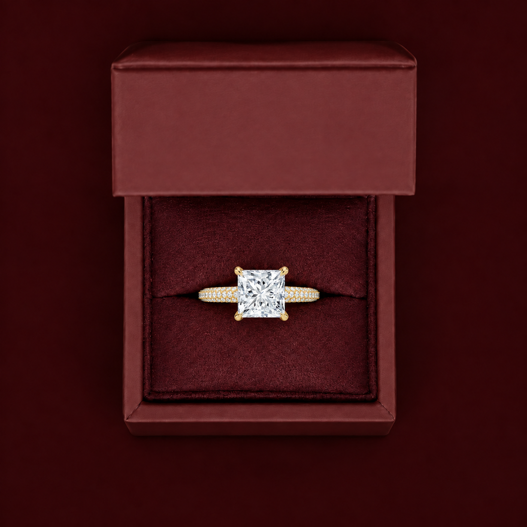 Micro Pave band Solitaire Ring in Yellow Gold