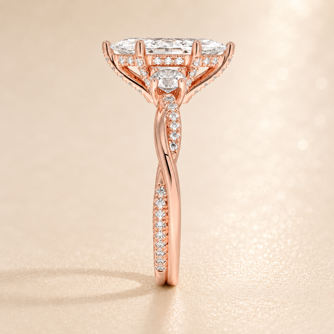 Twisted Vine Band Three Stone Ring in Rose Gold