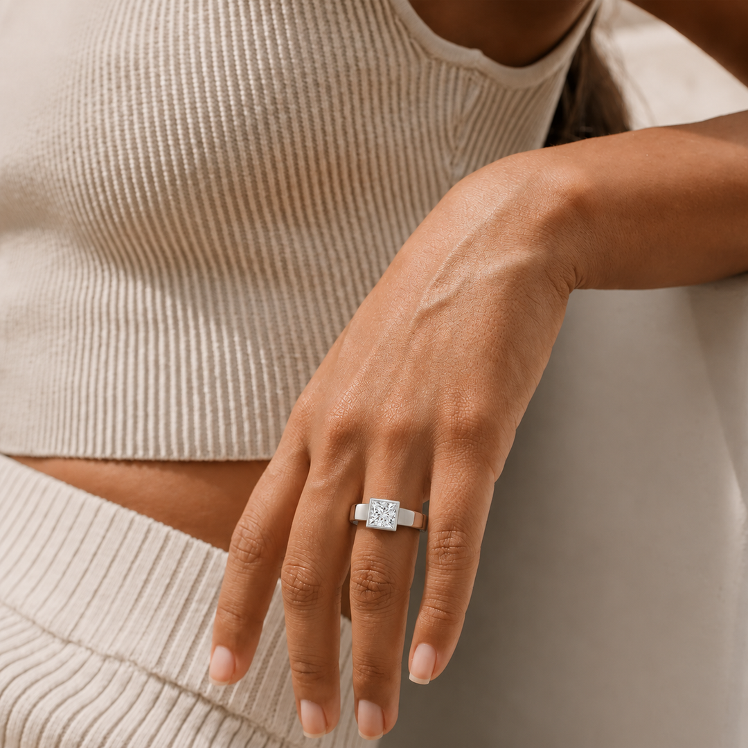 4mm Cigar band Bezel set Solitaire Ring in White Gold
