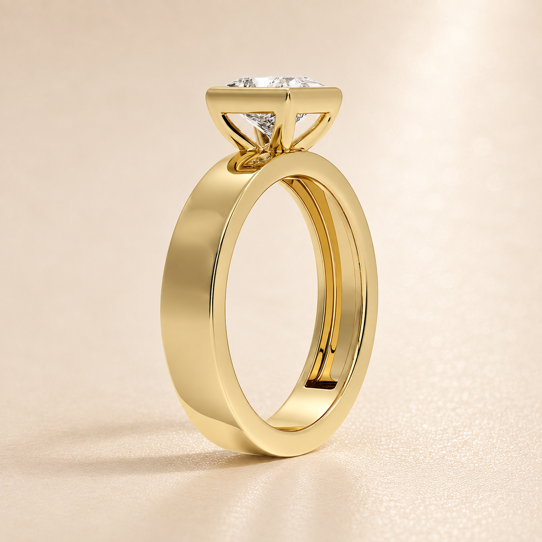 4mm Cigar band Bezel set Solitaire Ring in Yellow Gold