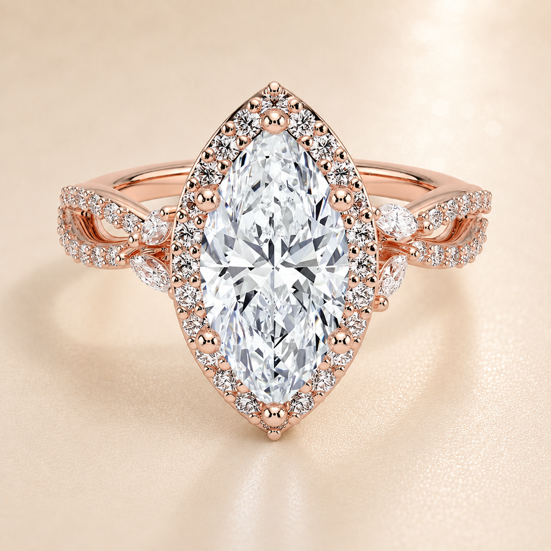 Vine band Halo Diamond Ring in Rose Gold