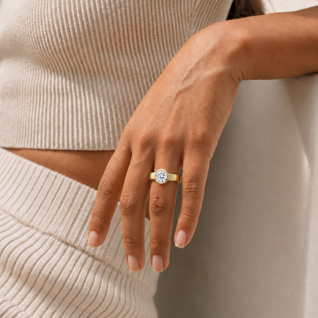4mm Cigar band Bezel set Solitaire Ring in Yellow Gold