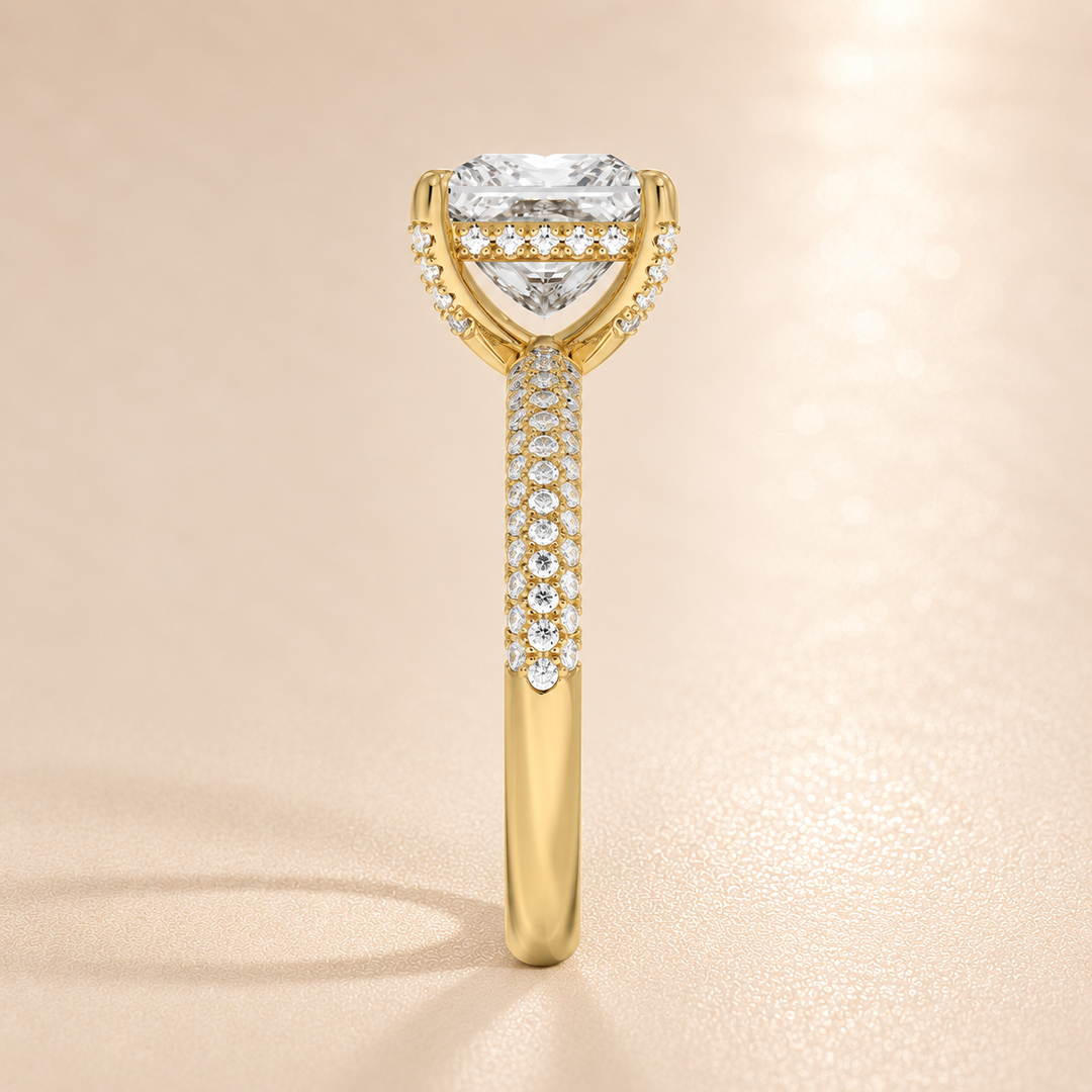 Micro Pave band Solitaire Ring in Yellow Gold