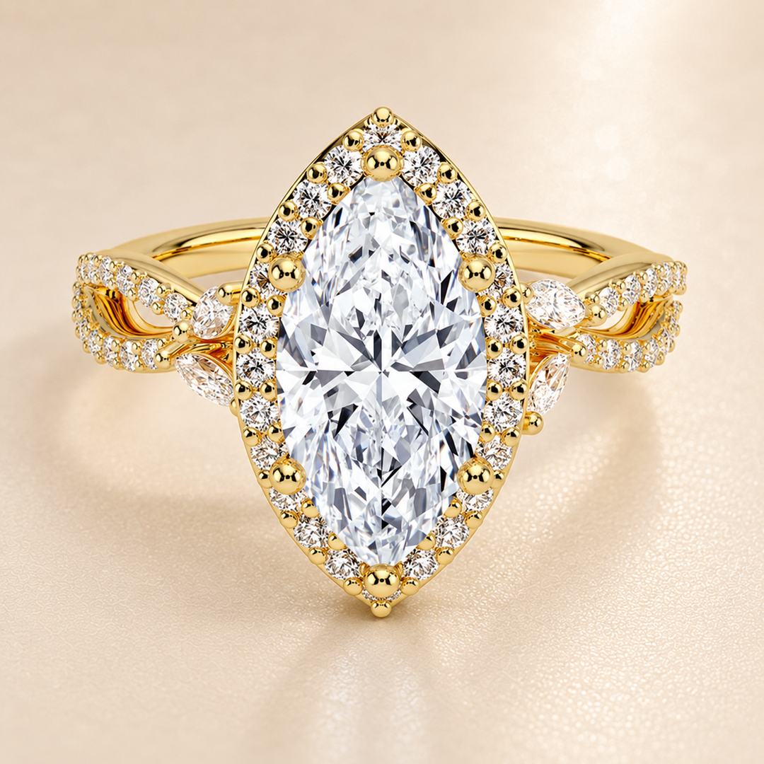 Vine band Halo Diamond Ring in Yellow Gold