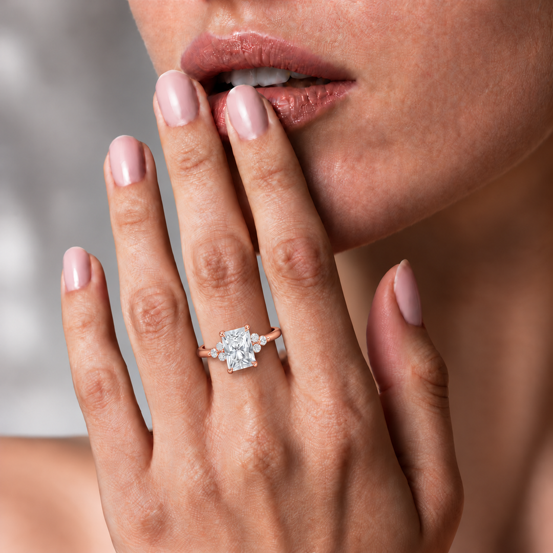 Six round accent diamonds Three Stone Ring in Rose Gold
