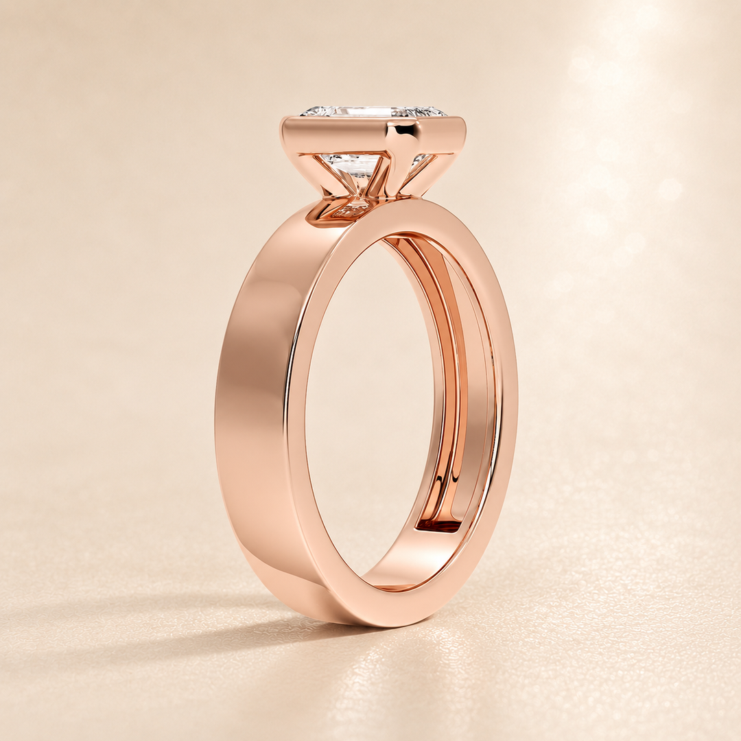 4mm Cigar band Bezel set Solitaire Ring in Rose Gold