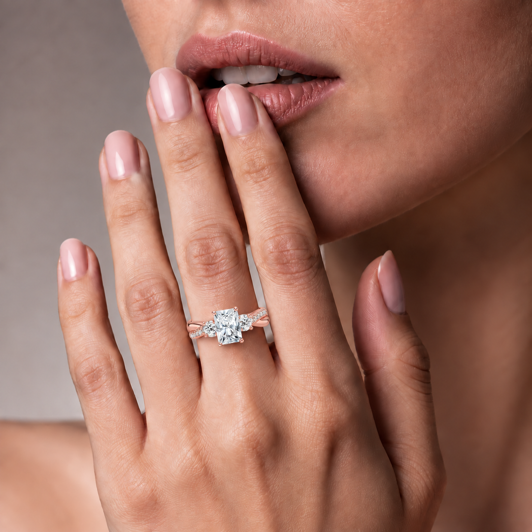 Twisted Vine Band Three Stone Ring in Rose Gold