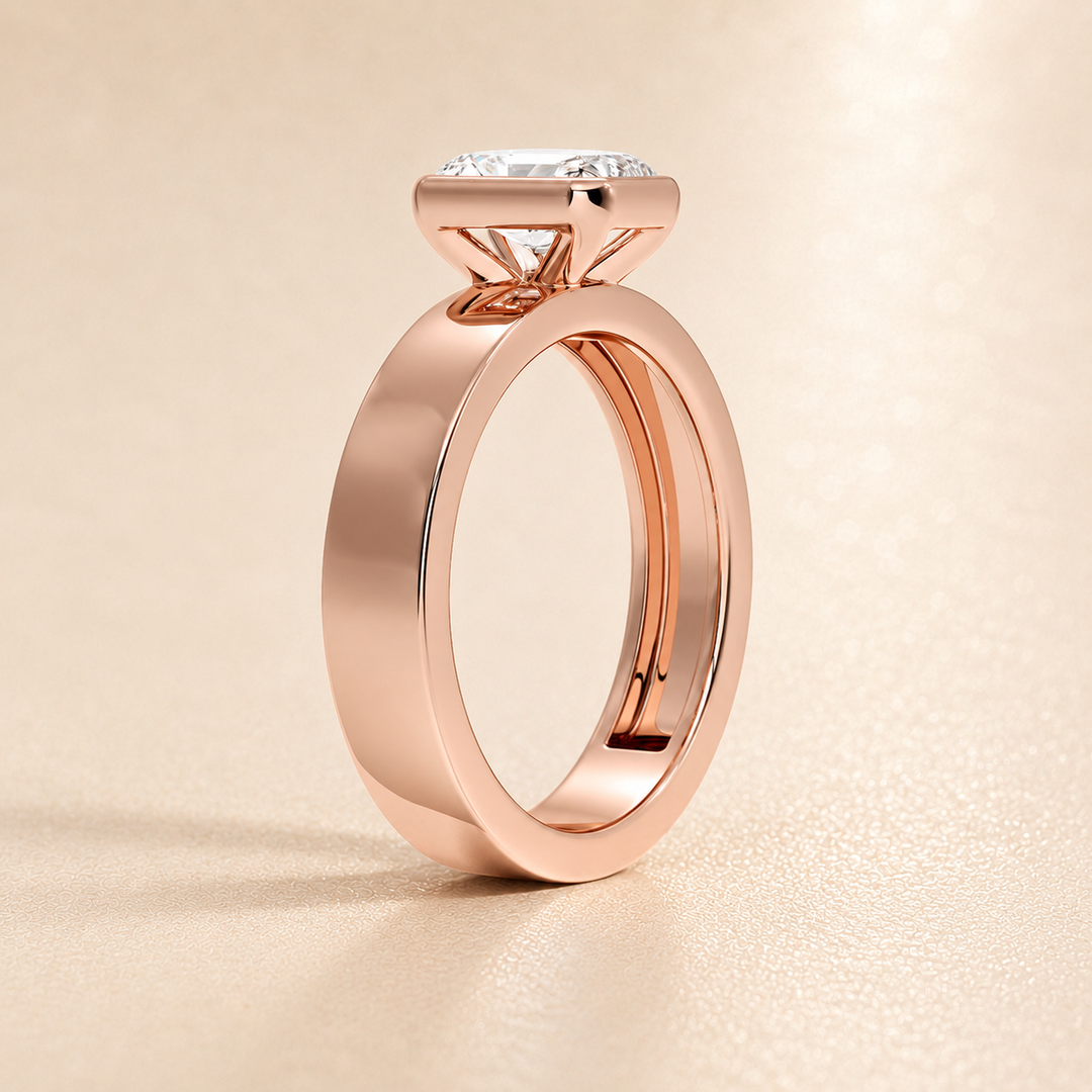 4mm Cigar band Bezel set Solitaire Ring in Rose Gold