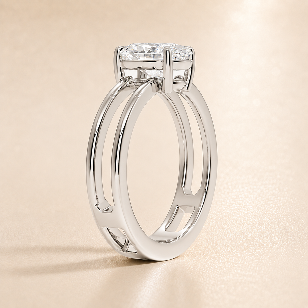 Open Double Band Solitaire Ring in White Gold
